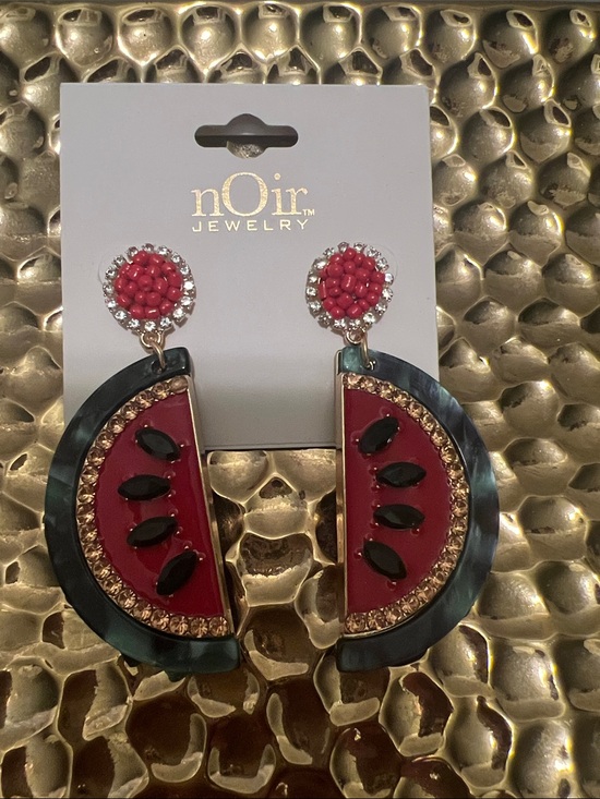 nOir Jewelry Jewelry - #2358** nOir Jewelry Red & Black Watermelon Slice Drop Earrings with Gold Trim
